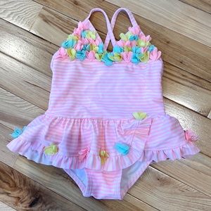Pink & white stripe baby bathing suit with flowers